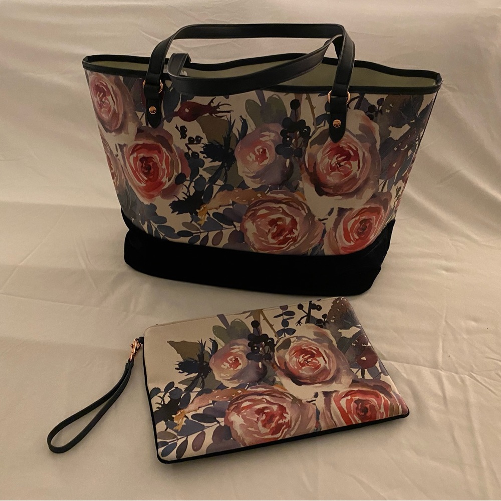 Barnes and Noble Navy Velvet / Floral Print Tote with Matching Zippered Clutch